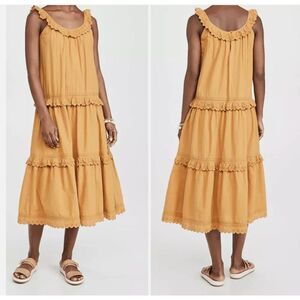 THE GREAT. Eyelet Magnolia Tiered Oversized Midi Dress Mustard Yellow Size S